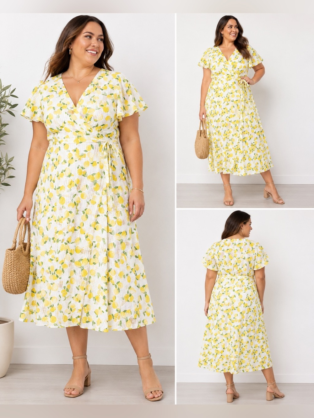 Draper James RSVP Lemon Print Wrap Midi Dress 1X Flutter Sleeve Lined NWT